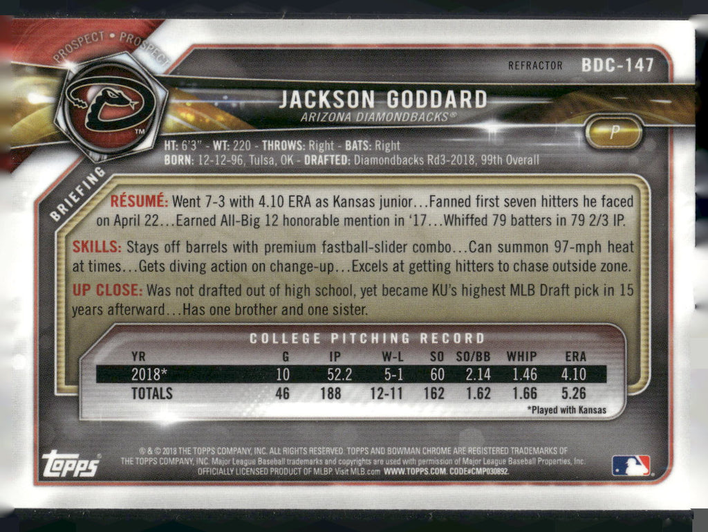 2018 Bowman Draft #BDC-147 Jackson Goddard Chrome Refractors
