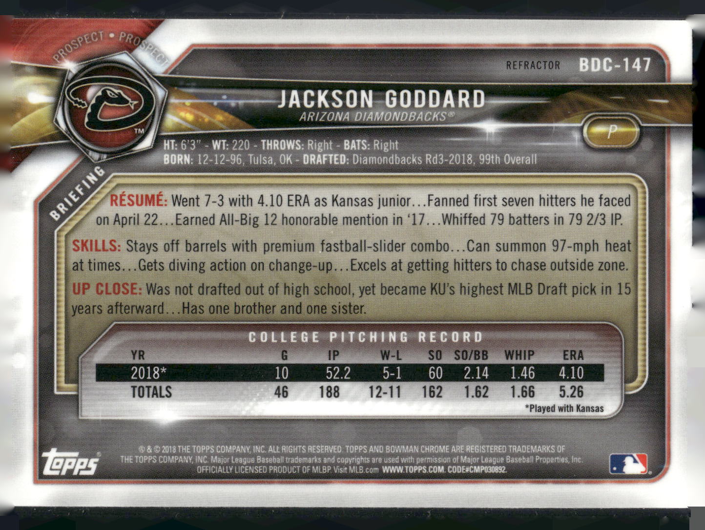 2018 Bowman Draft #BDC-147 Jackson Goddard Chrome Refractors
