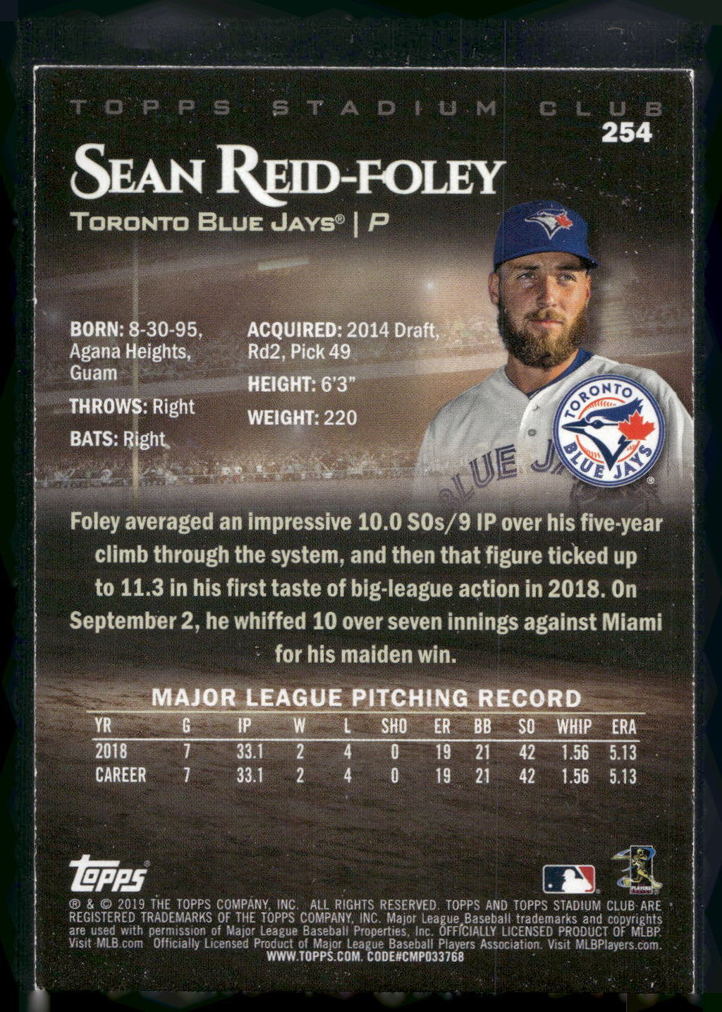 2019 Stadium Club #254 Sean Reid-Foley