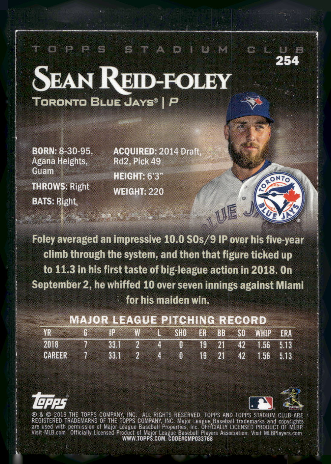 2019 Stadium Club #254 Sean Reid-Foley
