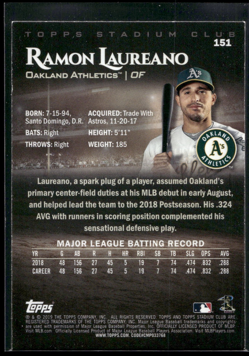 2019 Stadium Club #151 Ramon Laureano