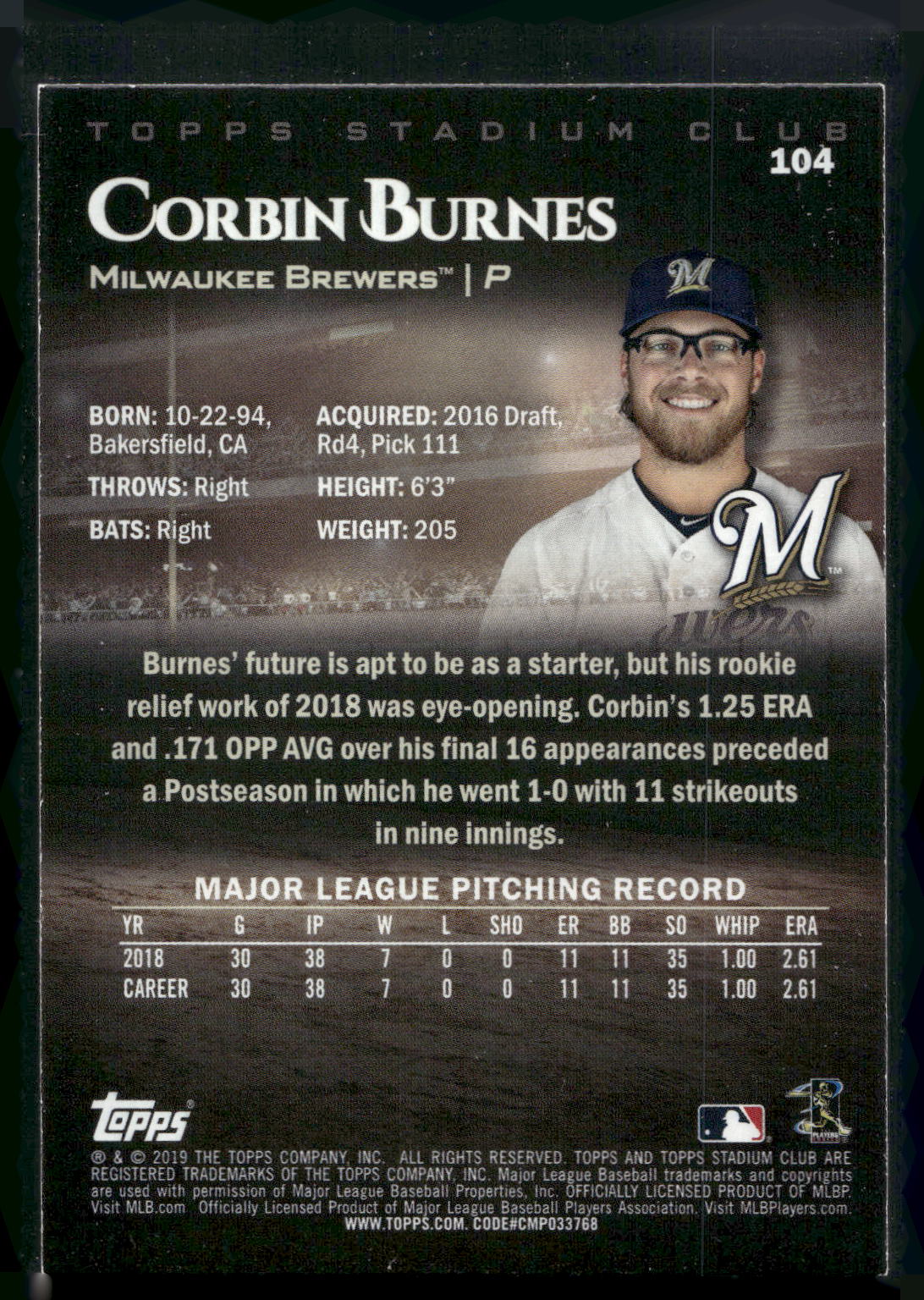 2019 Stadium Club #104 Corbin Burnes