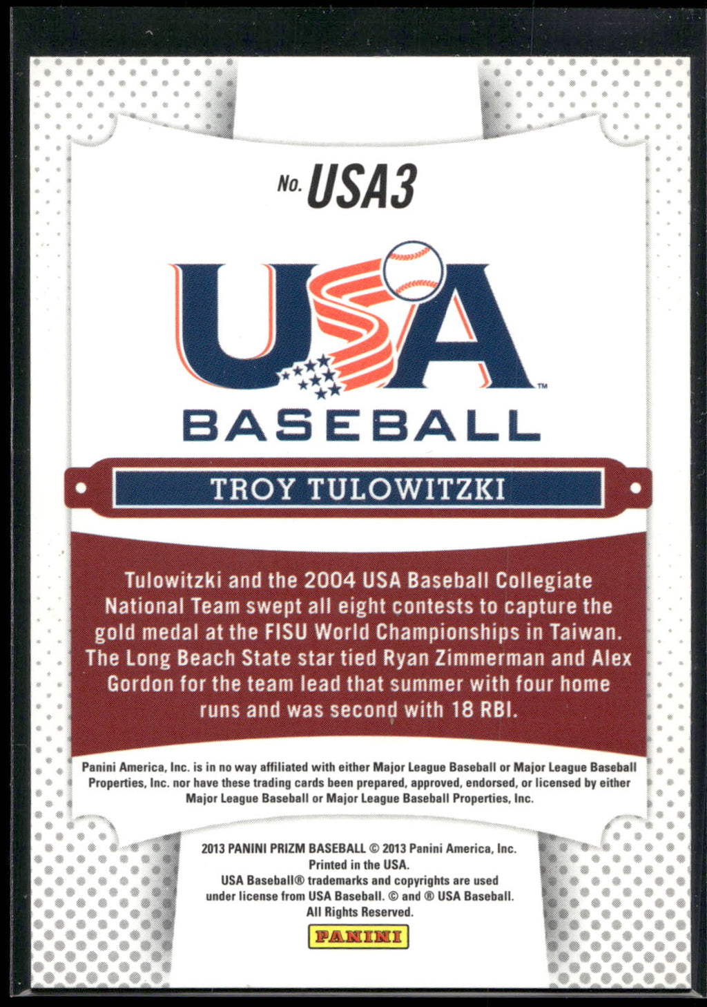 2013 Panini Prizm #USA3 Troy Tulowitzki USA Baseball