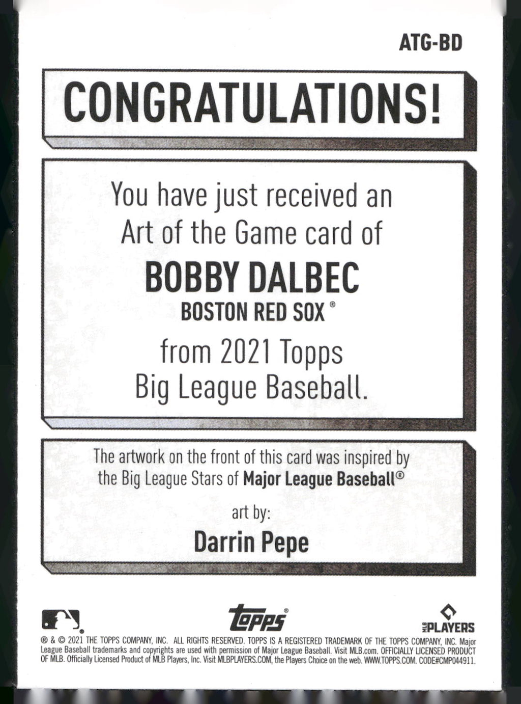 2021 Topps Big League #ATG-BD Bobby Dalbec Art of the Game