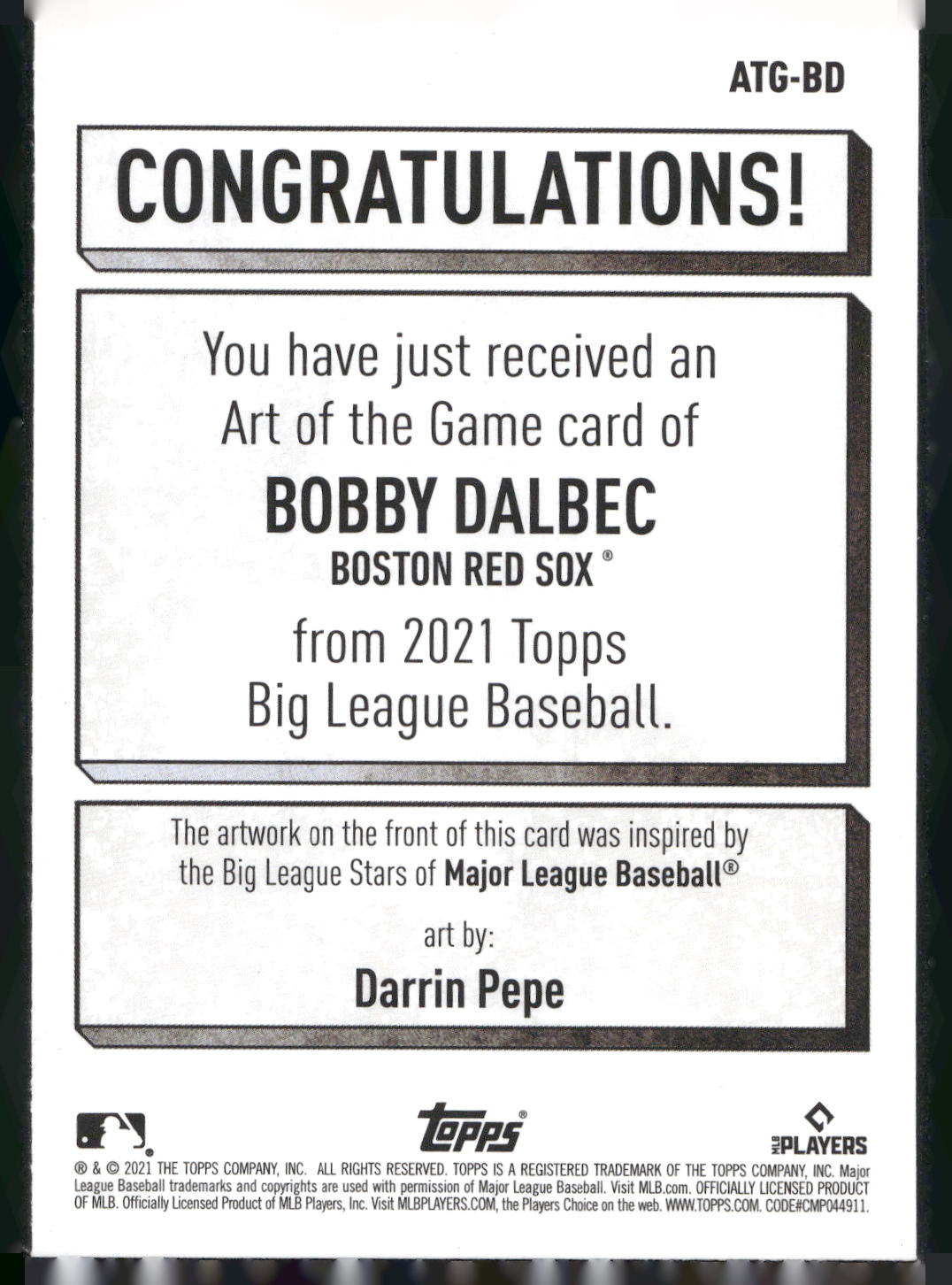 2021 Topps Big League #ATG-BD Bobby Dalbec Art of the Game
