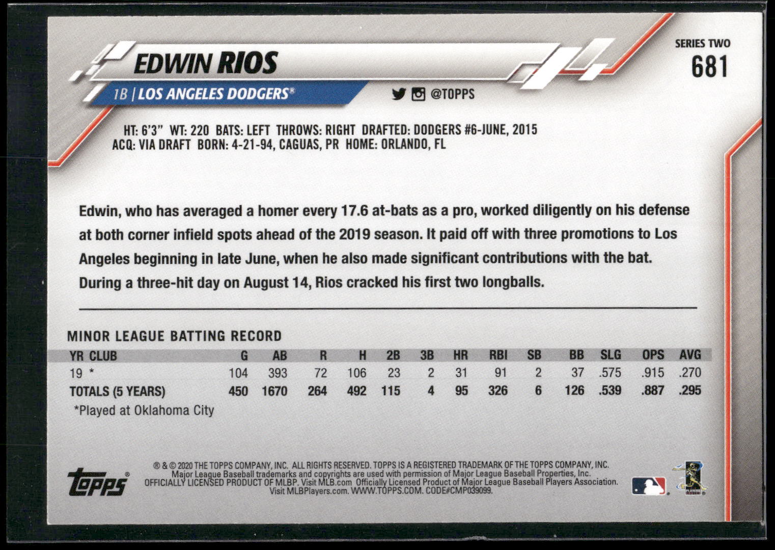 2020 Topps #681 Edwin Rios