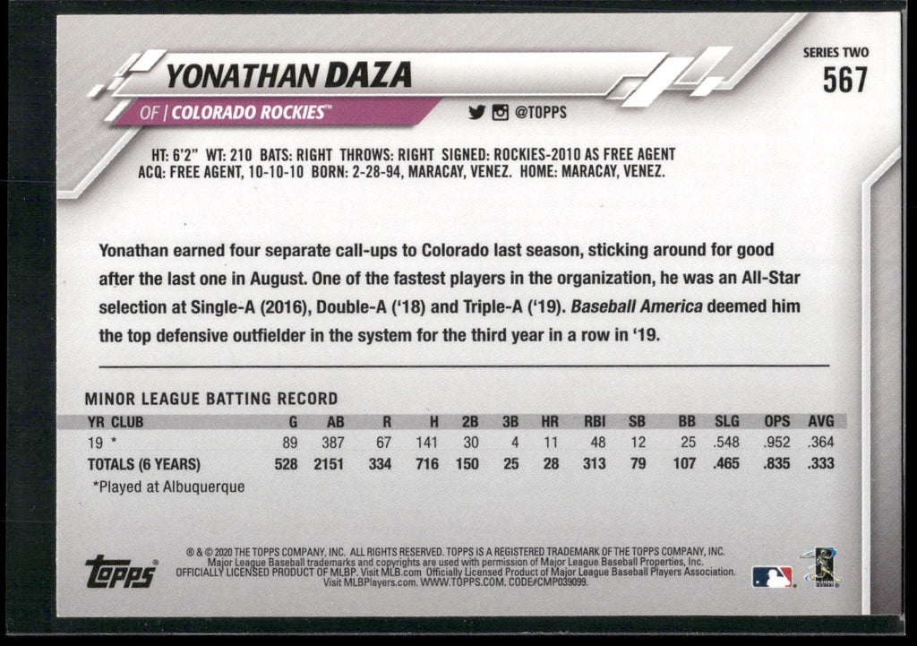 2020 Topps #567 Yonathan Daza