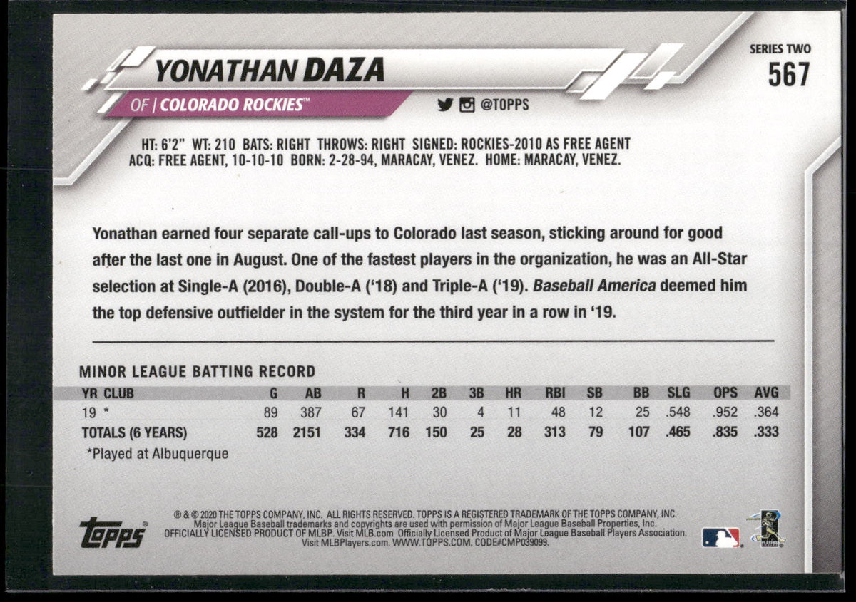 2020 Topps #567 Yonathan Daza