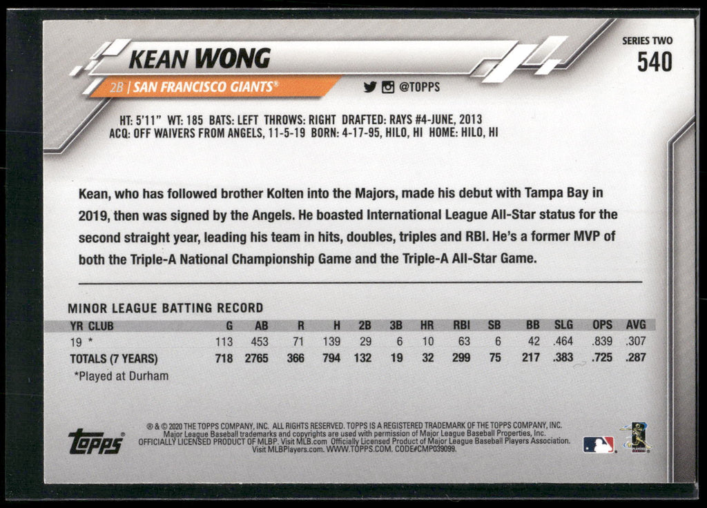2020 Topps #540 Kean Wong