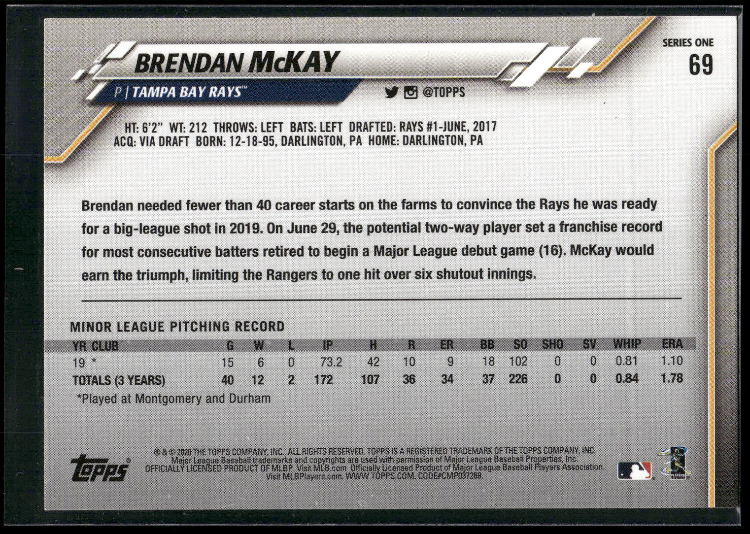 2020 Topps #69 Brendan McKay