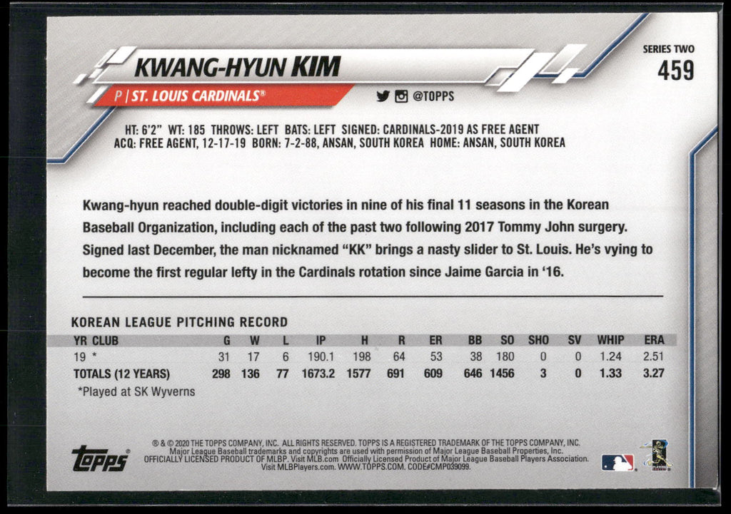 2020 Topps #459 Kwang-Hyun Kim