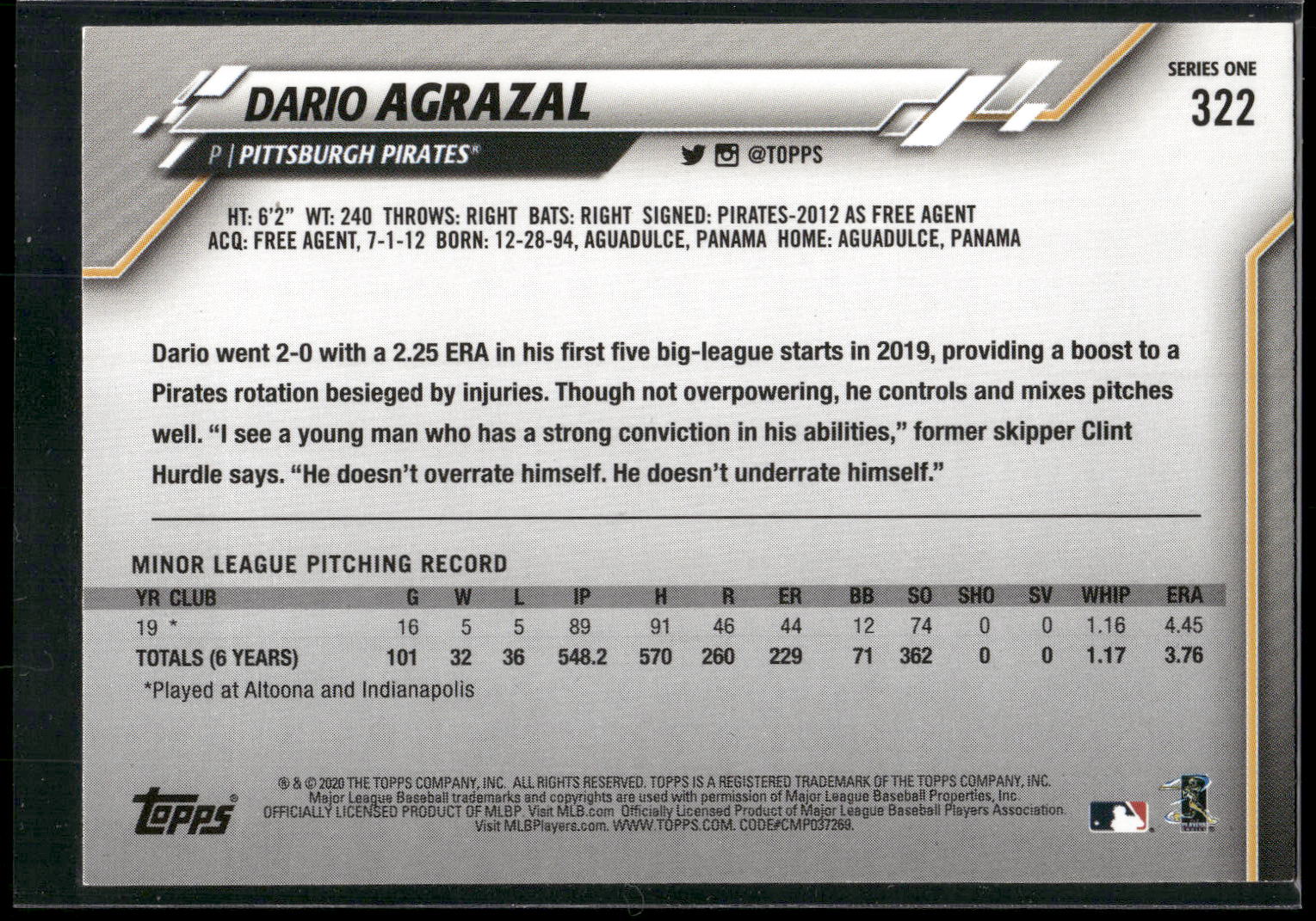2020 Topps #322 Dario Agrazal