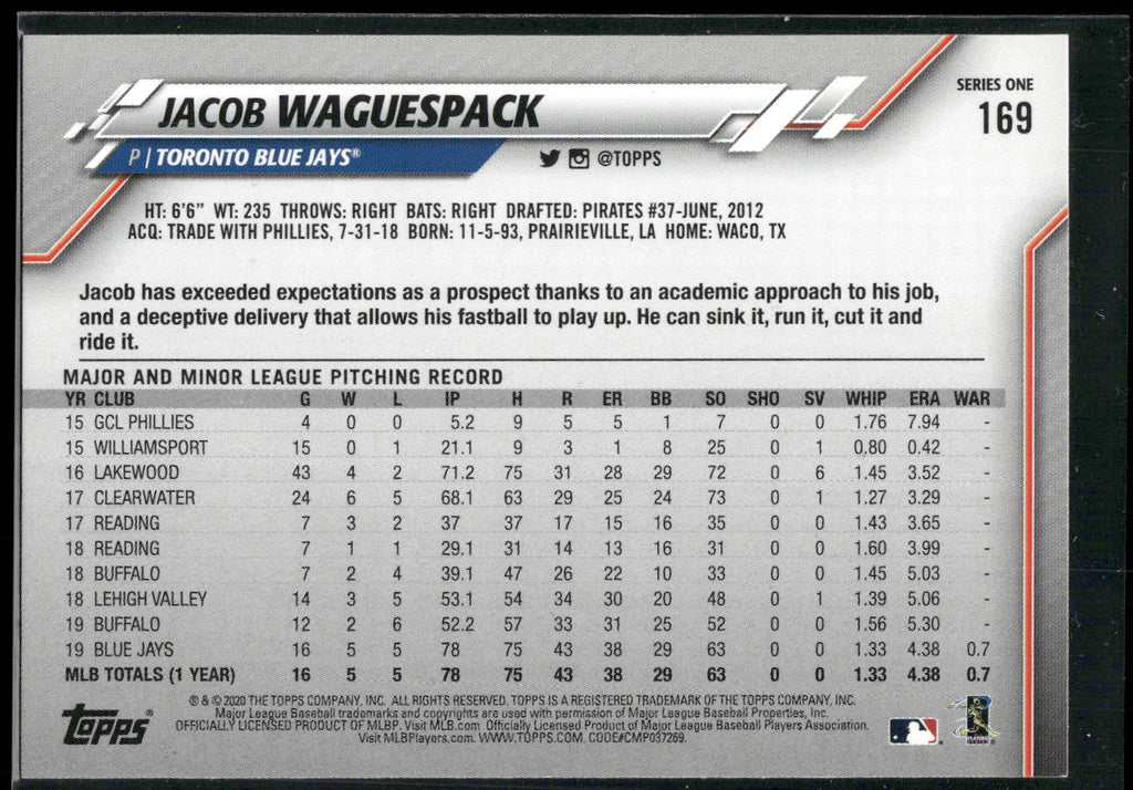 2020 Topps #169 Jacob Waguespack