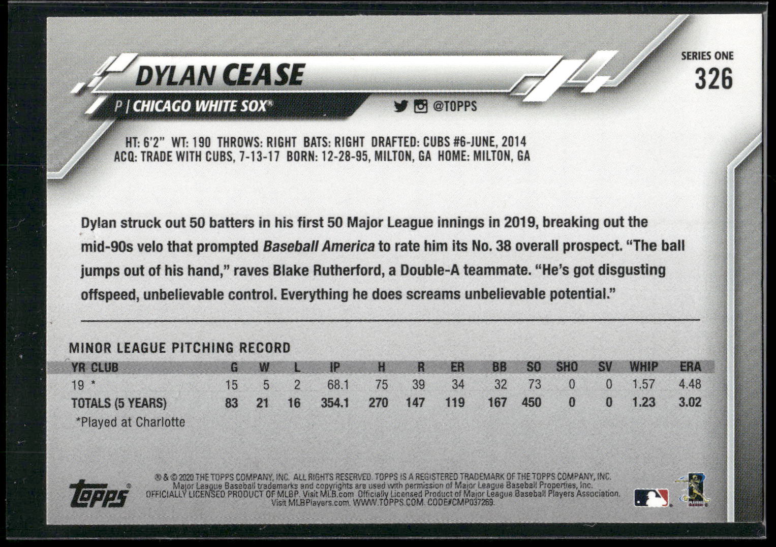 2020 Topps #326 Dylan Cease