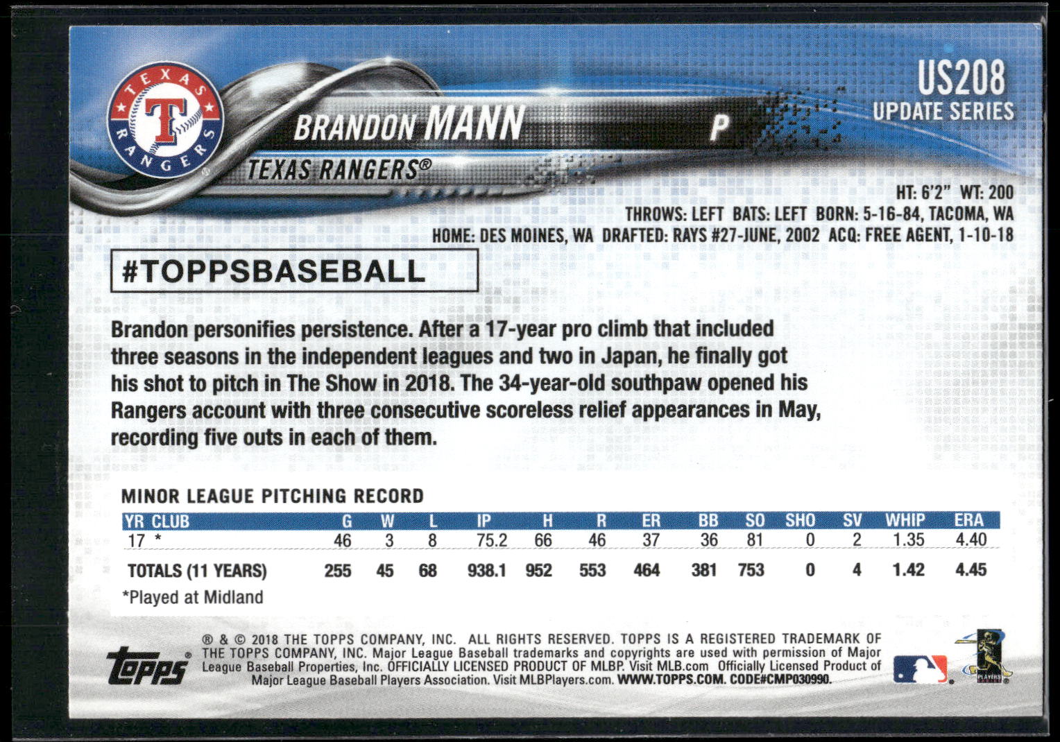 2018 Topps Update #US208 Brandon Mann