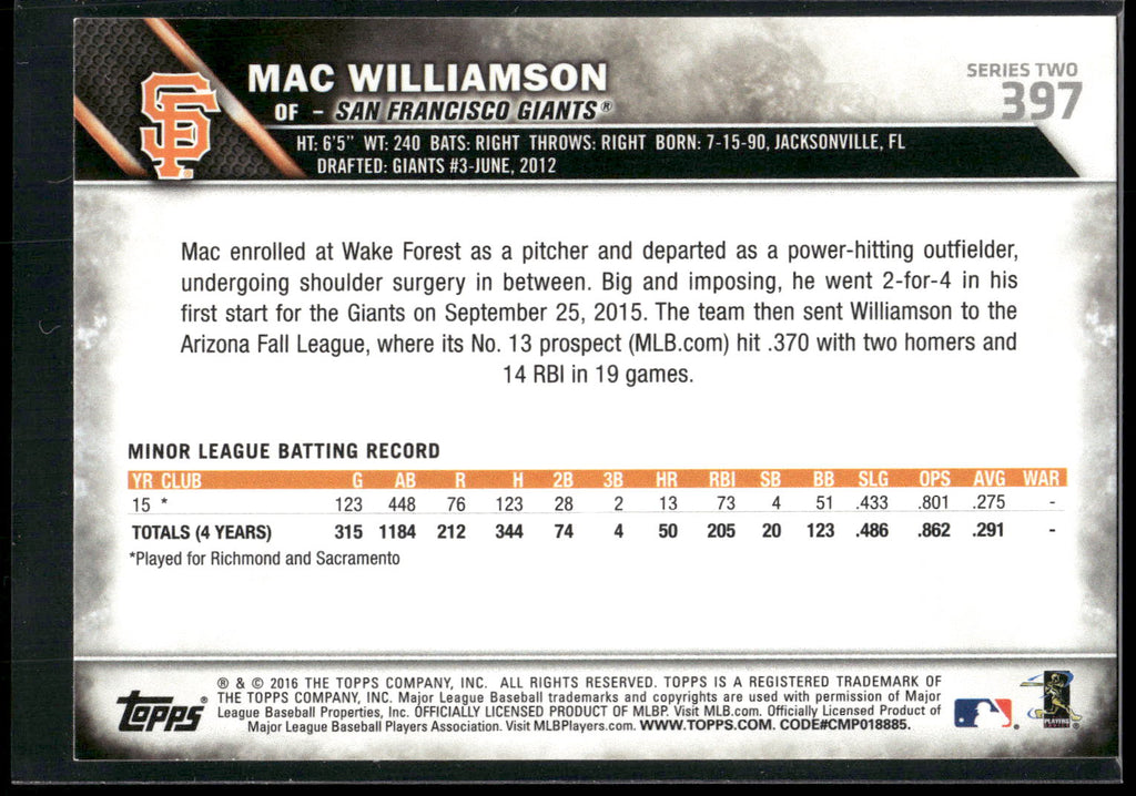 2016 Topps Mini #397 Mac Williamson