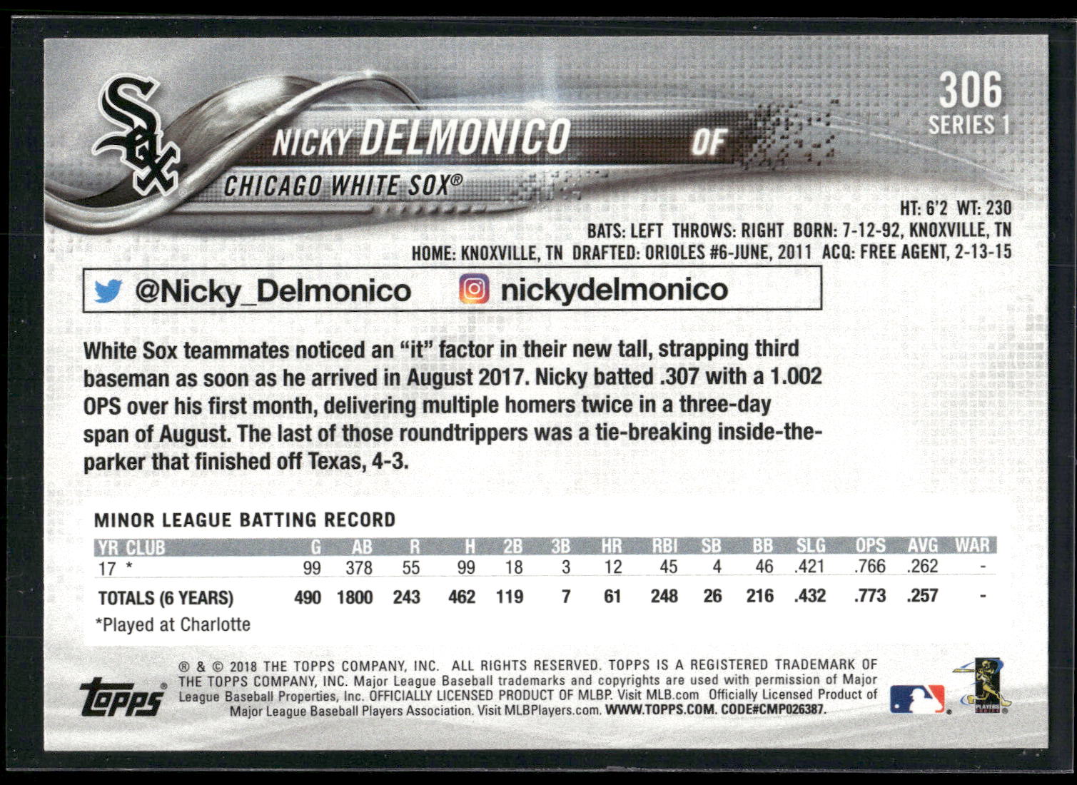 2018 Topps #306 Nicky Delmonico