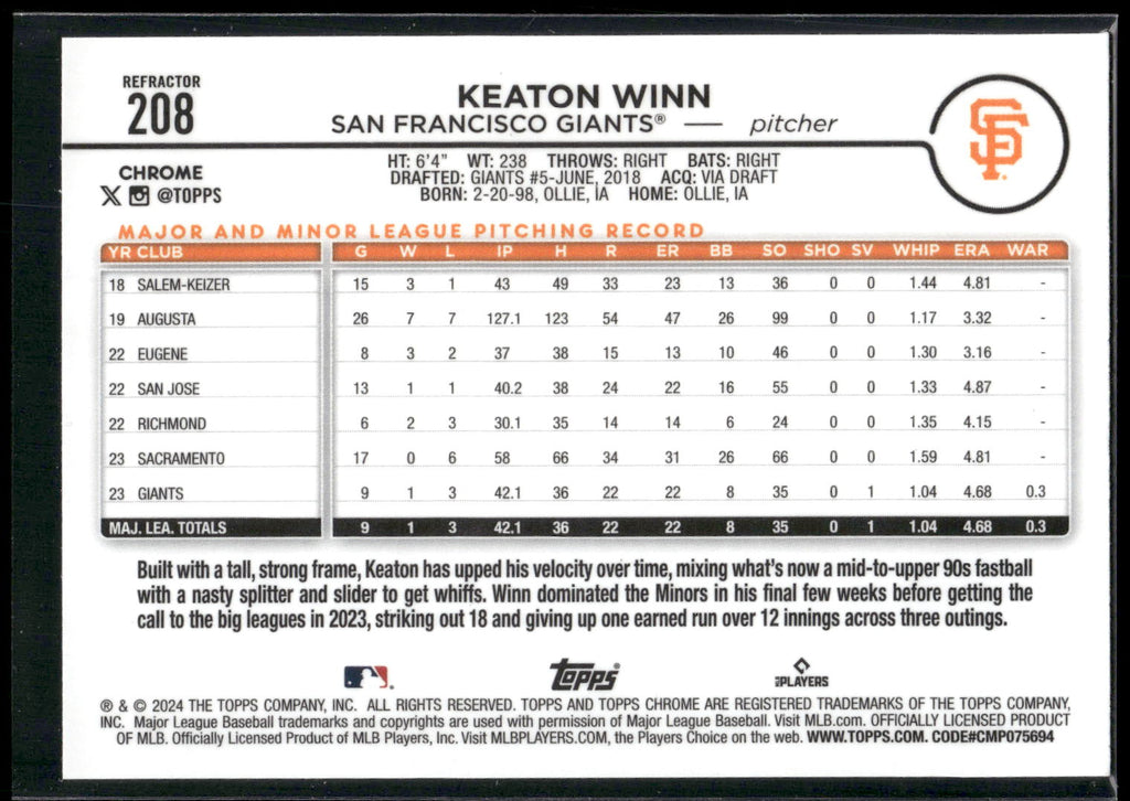 2024 Topps Chrome #208 Keaton Winn Refractors