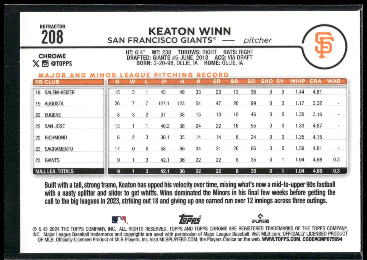 2024 Topps Chrome #208 Keaton Winn Refractors