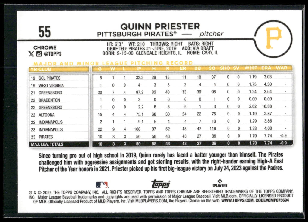 2024 Topps Chrome #55 Quinn Priester Sepia Refractors