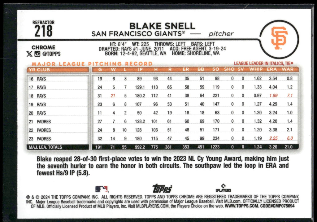 2024 Topps Chrome #218 Blake Snell Refractors