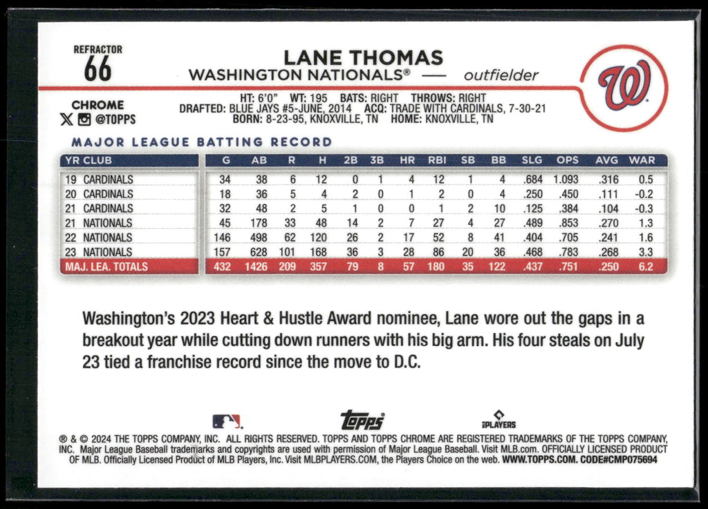 2024 Topps Chrome #66 Lane Thomas Refractors
