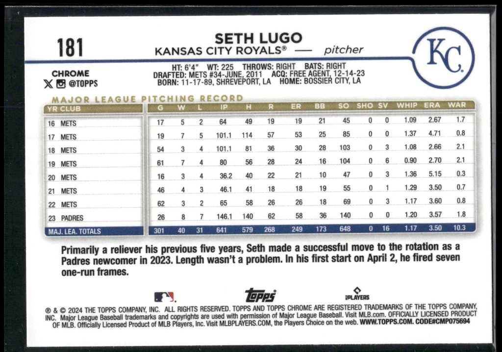2024 Topps Chrome #181 Seth Lugo Prism Refractors