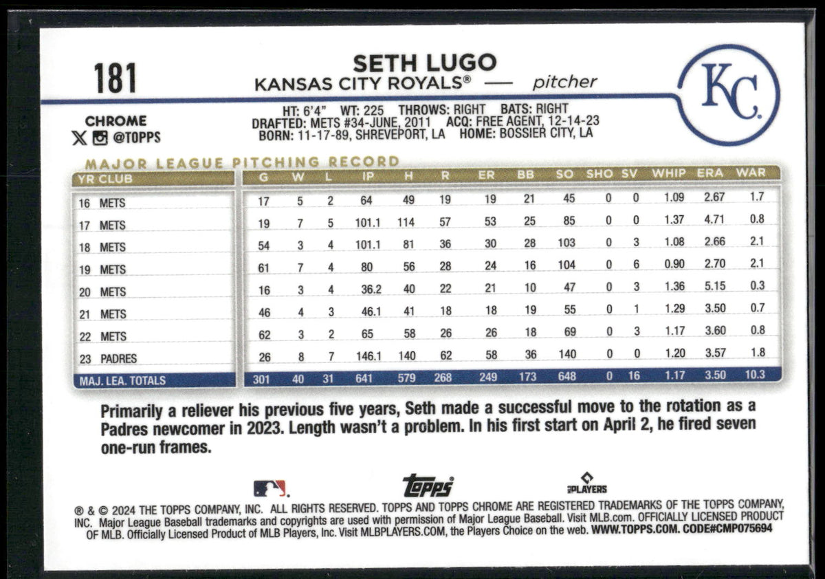 2024 Topps Chrome #181 Seth Lugo Prism Refractors
