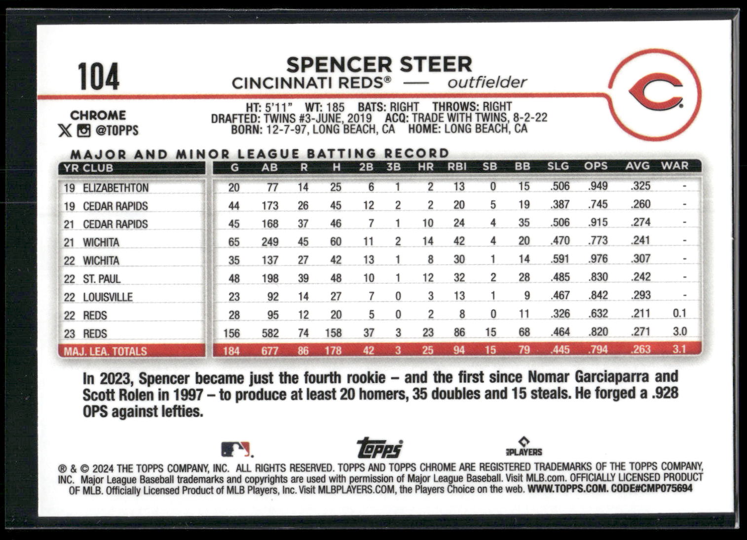 2024 Topps Chrome #104 Spencer Steer Prism Refractors