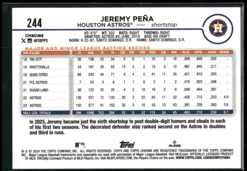 2024 Topps Chrome #244 Jeremy Peña Prism Refractors