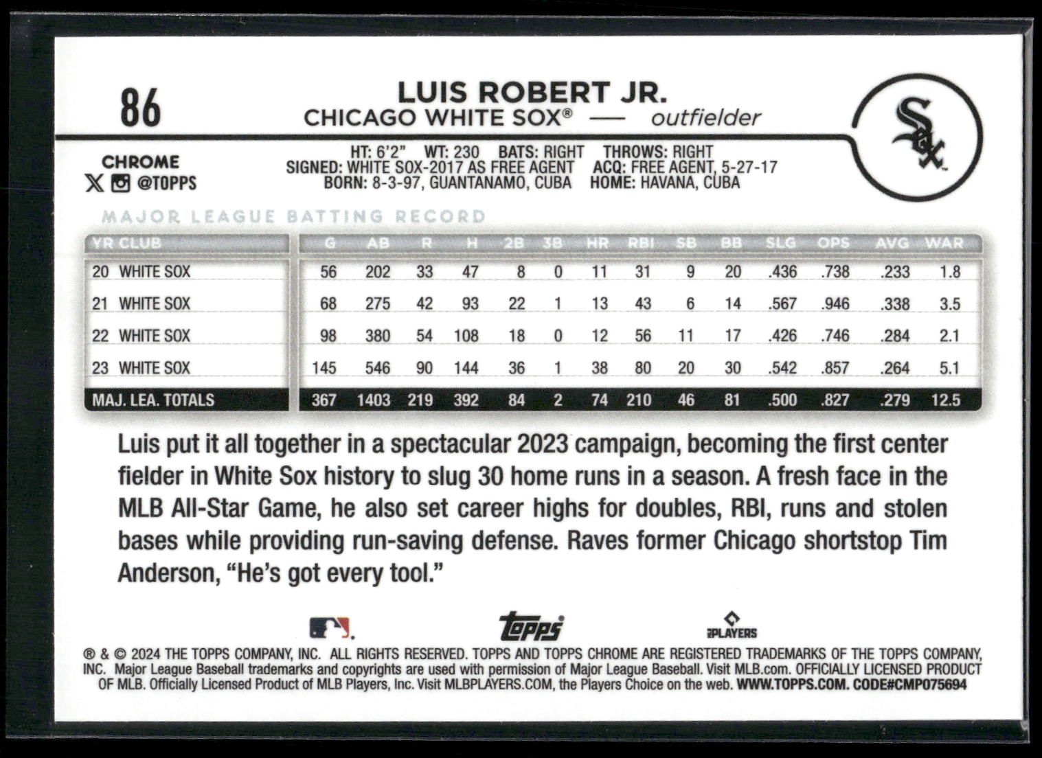 2024 Topps Chrome #86 Luis Robert Jr. Prism Refractors