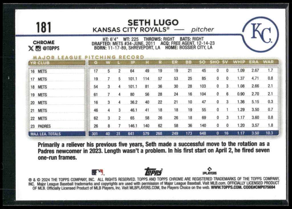2024 Topps Chrome #181 Seth Lugo Prism Refractors