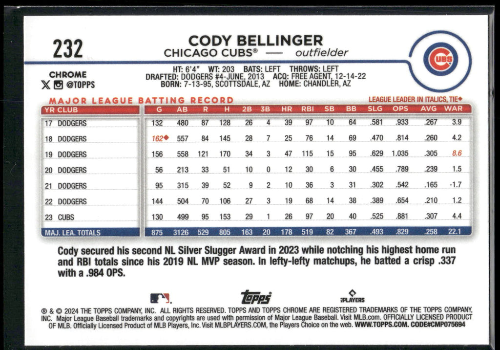 2024 Topps Chrome #232 Cody Bellinger Prism Refractors