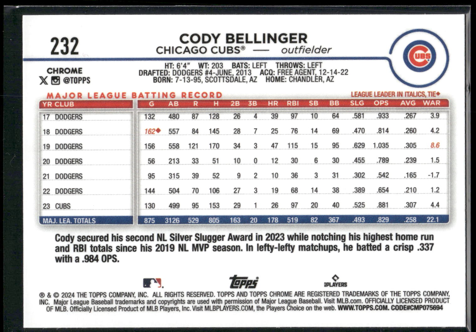 2024 Topps Chrome #232 Cody Bellinger Prism Refractors