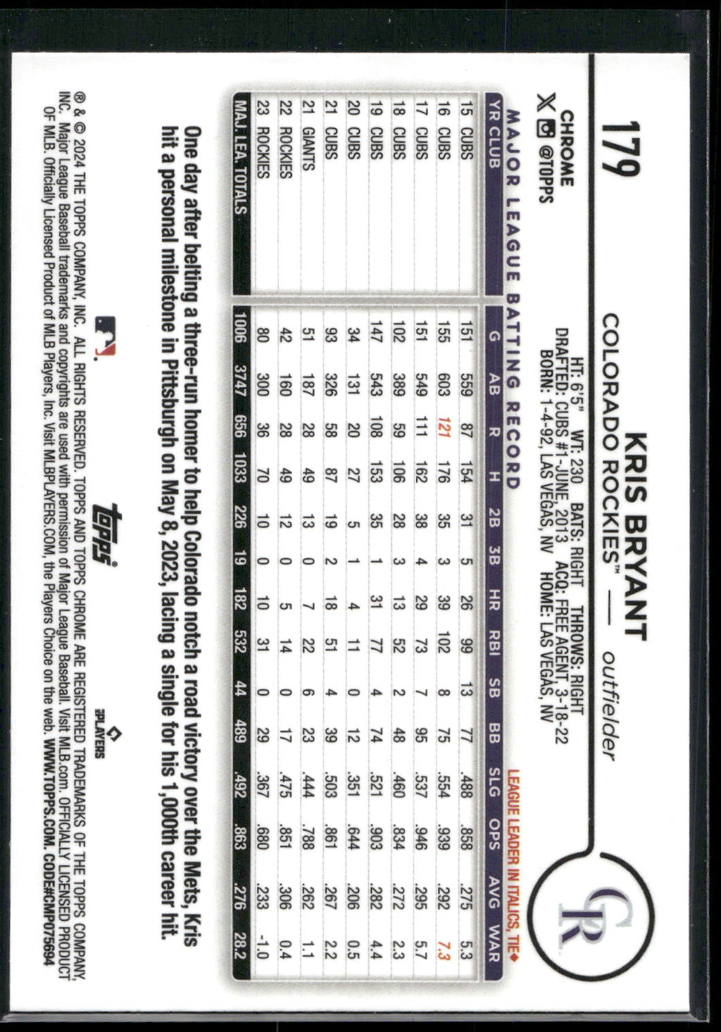 2024 Topps Chrome #179 Kris Bryant Prism Refractors