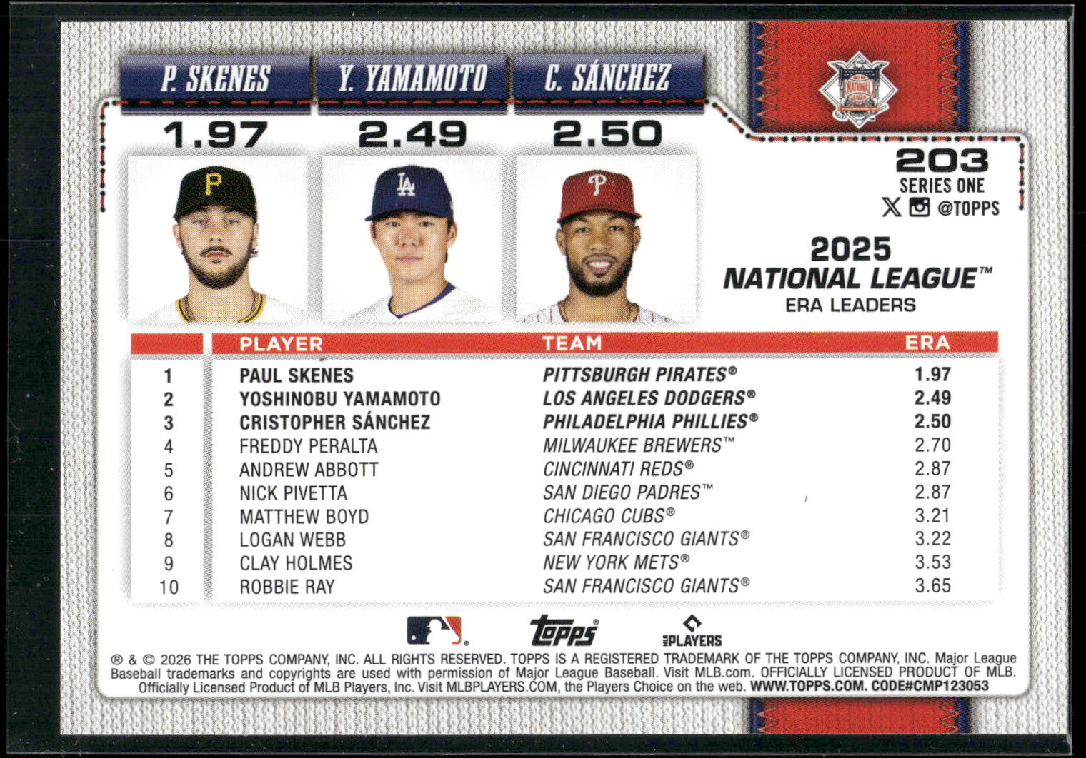 2026 Topps #203 (Paul Skenes / Yoshinobu Yamamoto / Cristopher Sánchez)