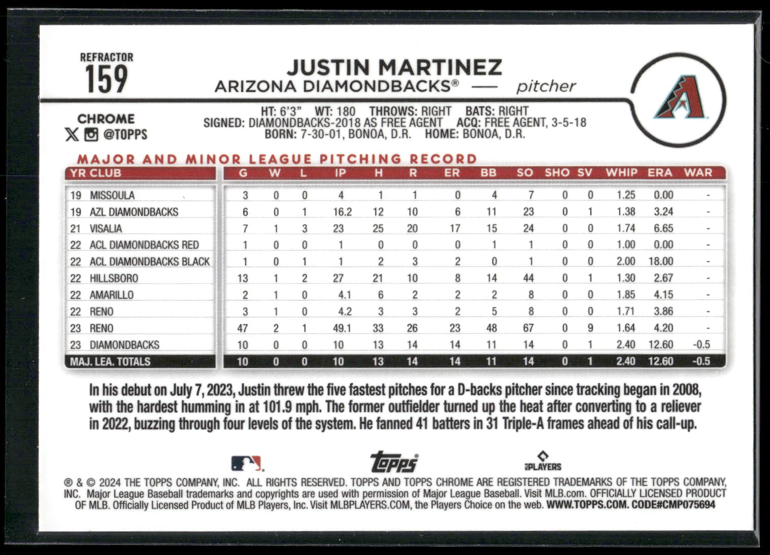 2024 Topps Chrome #159 Justin Martinez Refractors