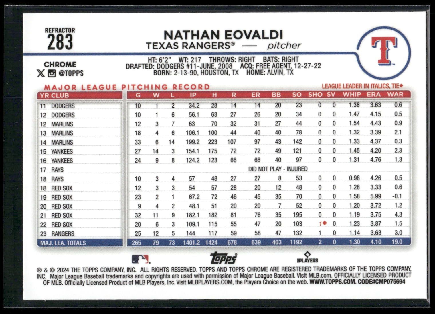 2024 Topps Chrome #283 Nathan Eovaldi Refractors