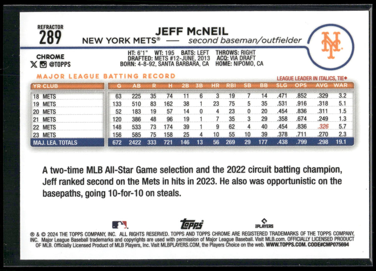 2024 Topps Chrome #289 Jeff McNeil Refractors