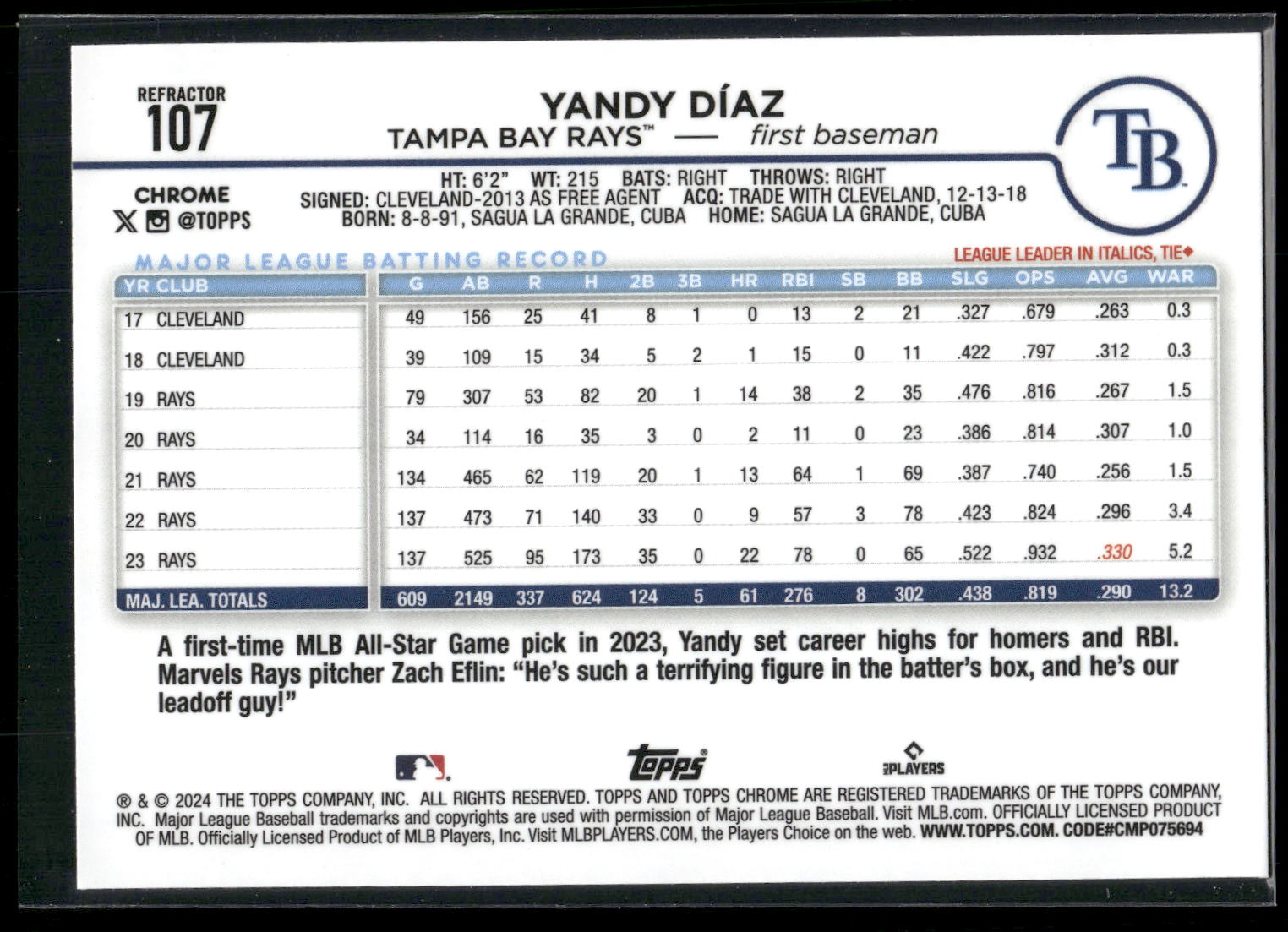 2024 Topps Chrome #107 Yandy Díaz Refractors