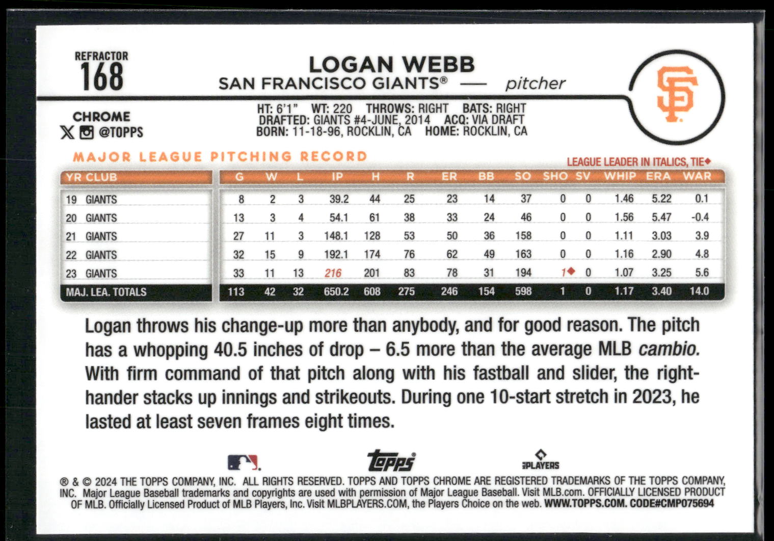 2024 Topps Chrome #168 Logan Webb Refractors