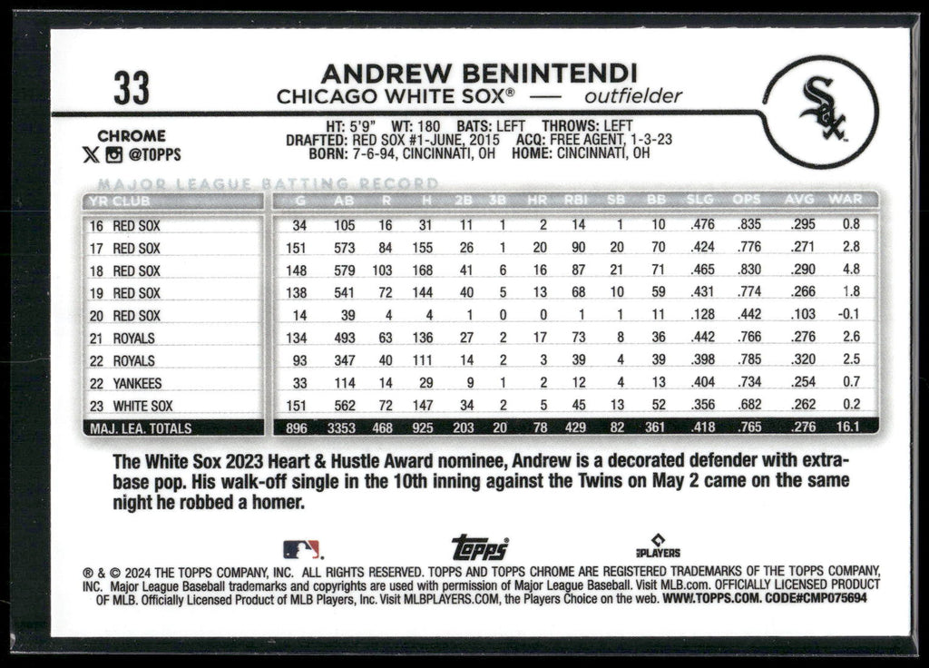 2024 Topps Chrome #33 Andrew Benintendi Sepia Refractors