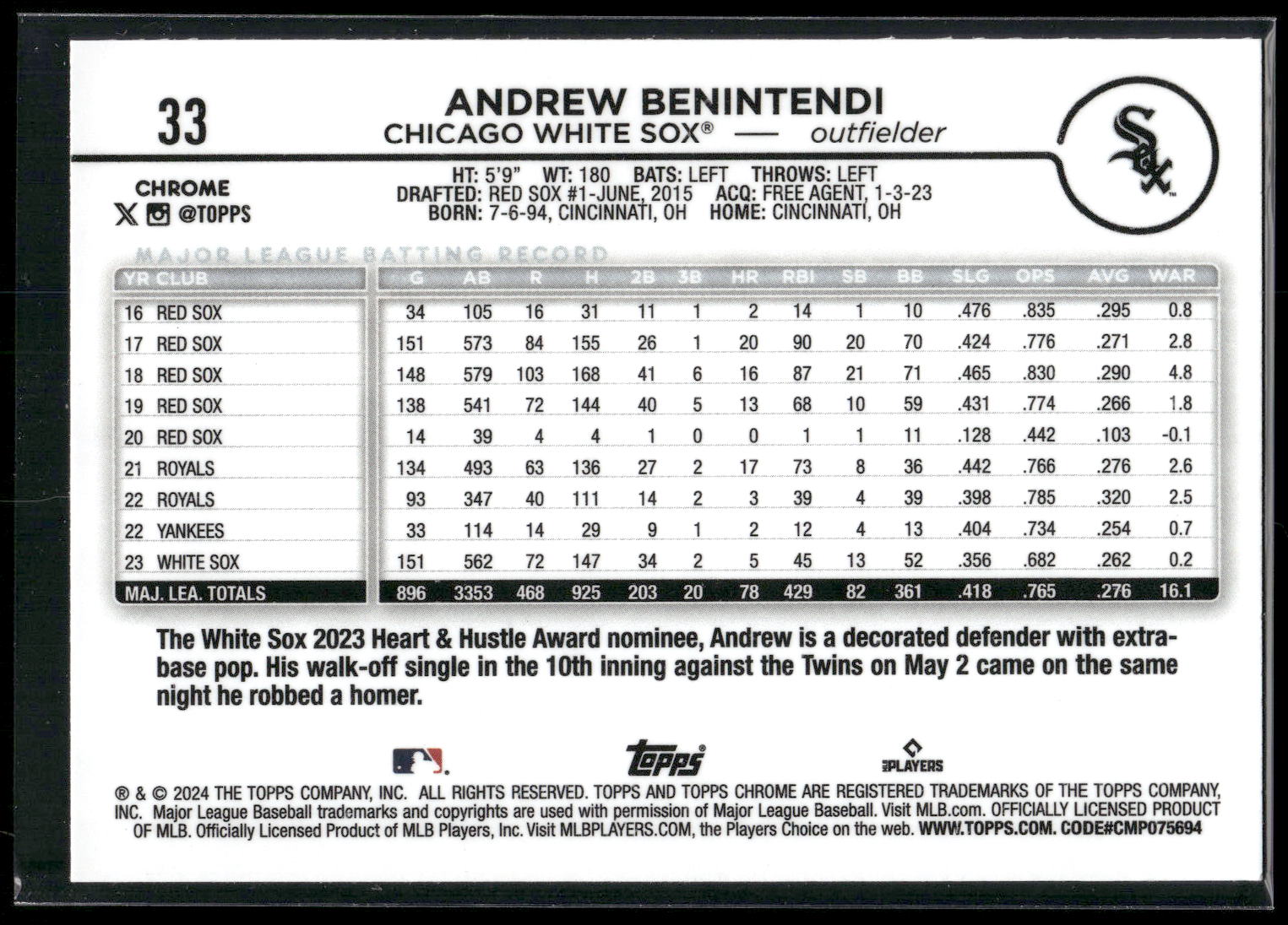 2024 Topps Chrome #33 Andrew Benintendi Sepia Refractors