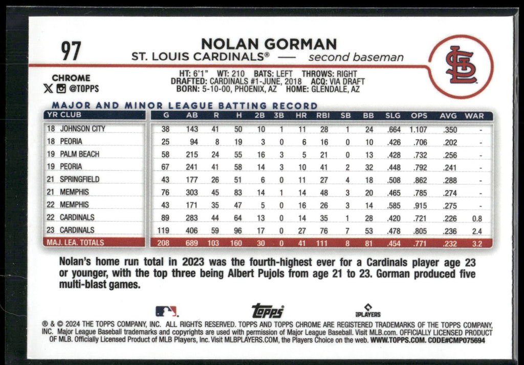 2024 Topps Chrome #97 Nolan Gorman Sepia Refractors