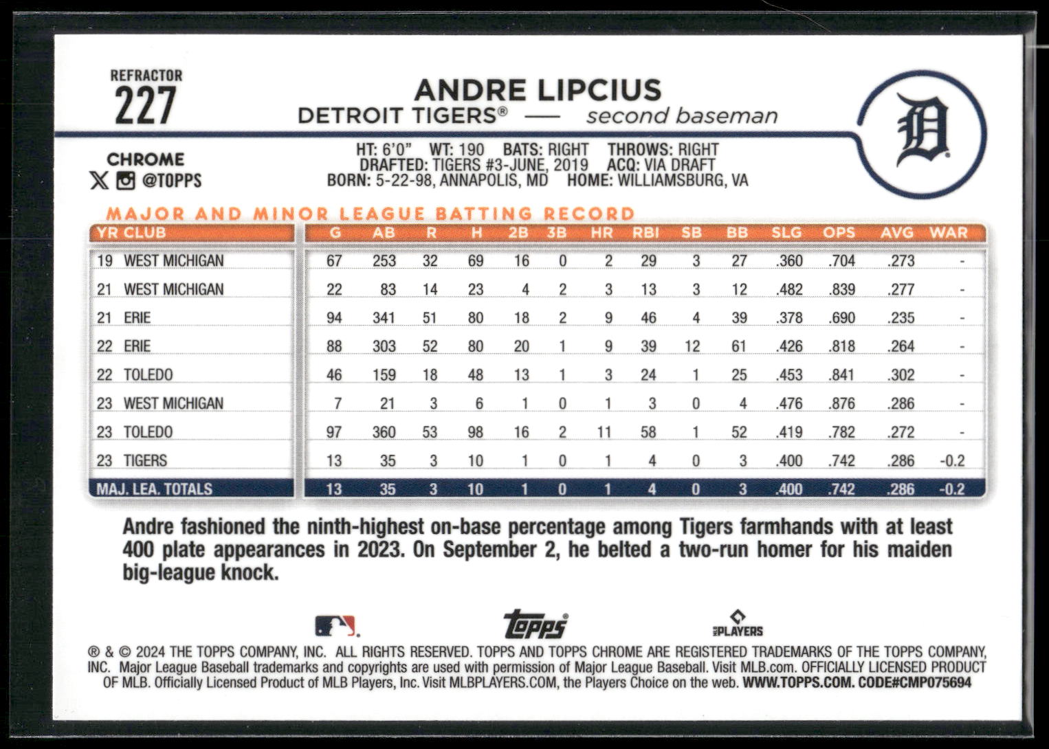 2024 Topps Chrome #227 Andre Lipcius Refractors