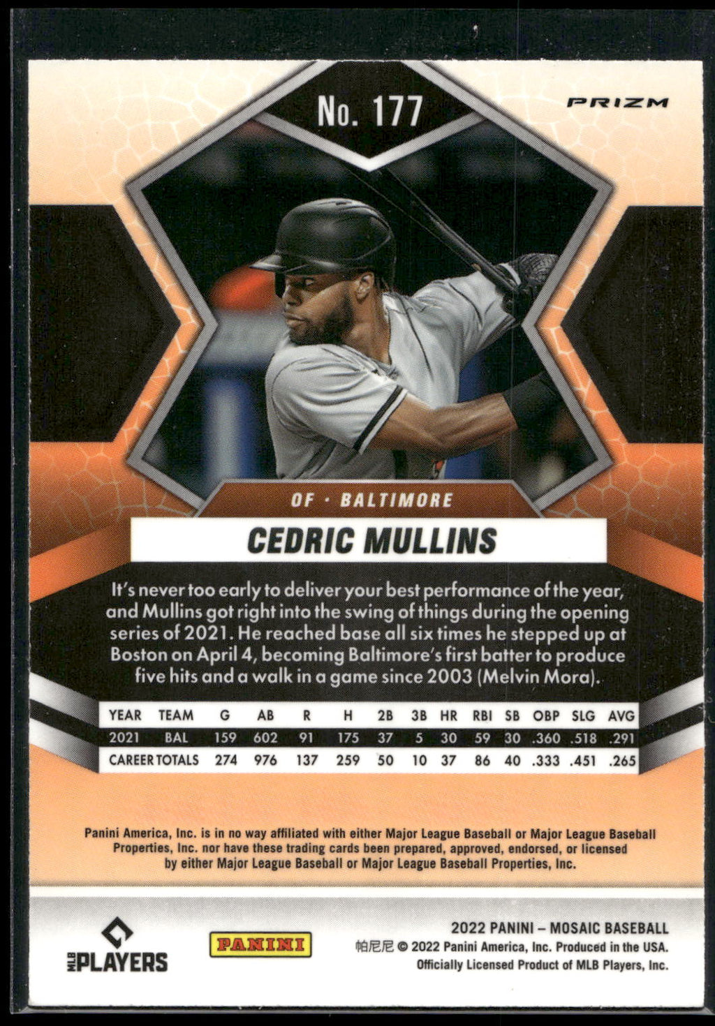2022 Panini Mosaic #177 Cedric Mullins Blue Camo Mosaic