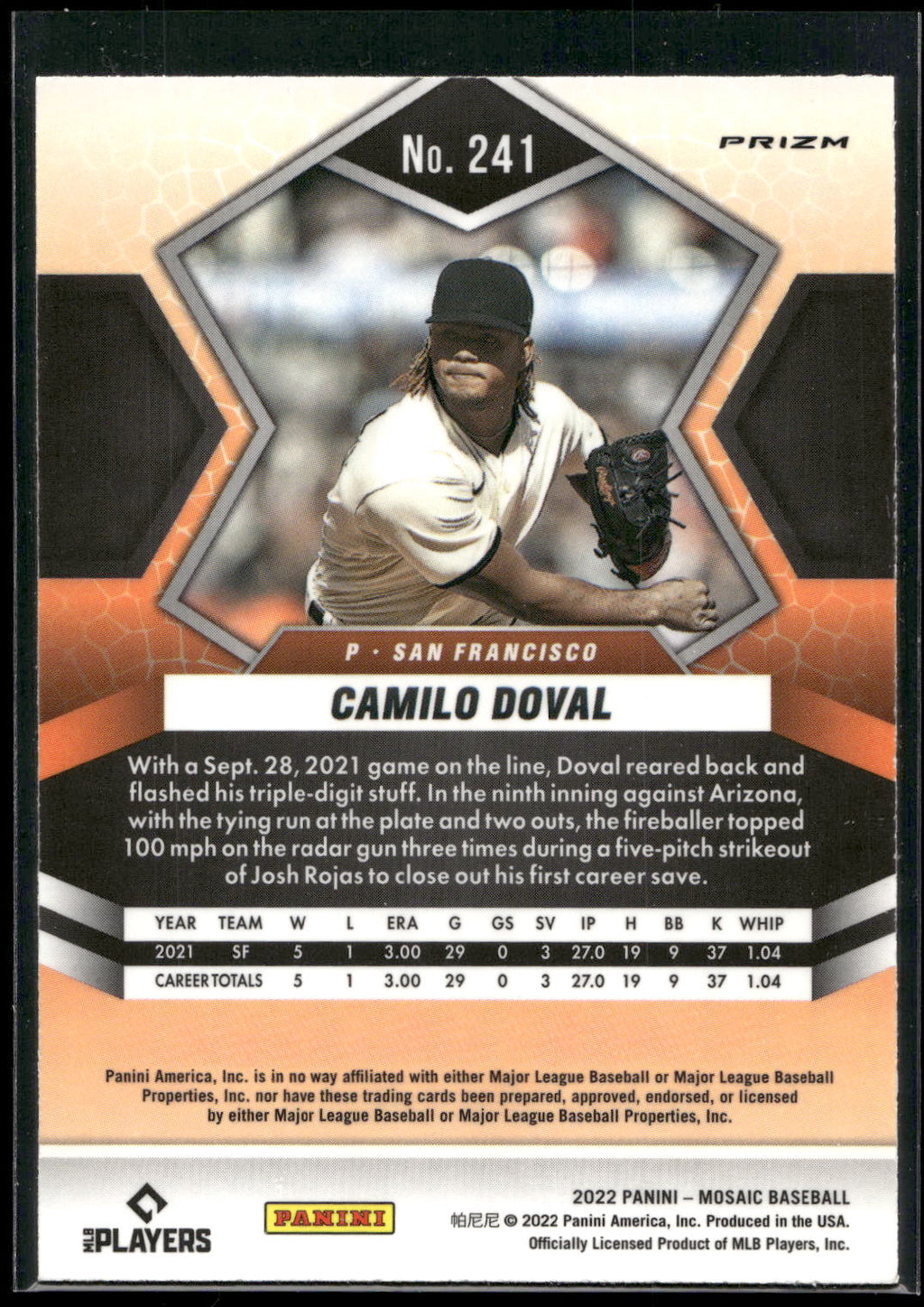 2022 Panini Mosaic #241 Camilo Doval Blue Camo Mosaic