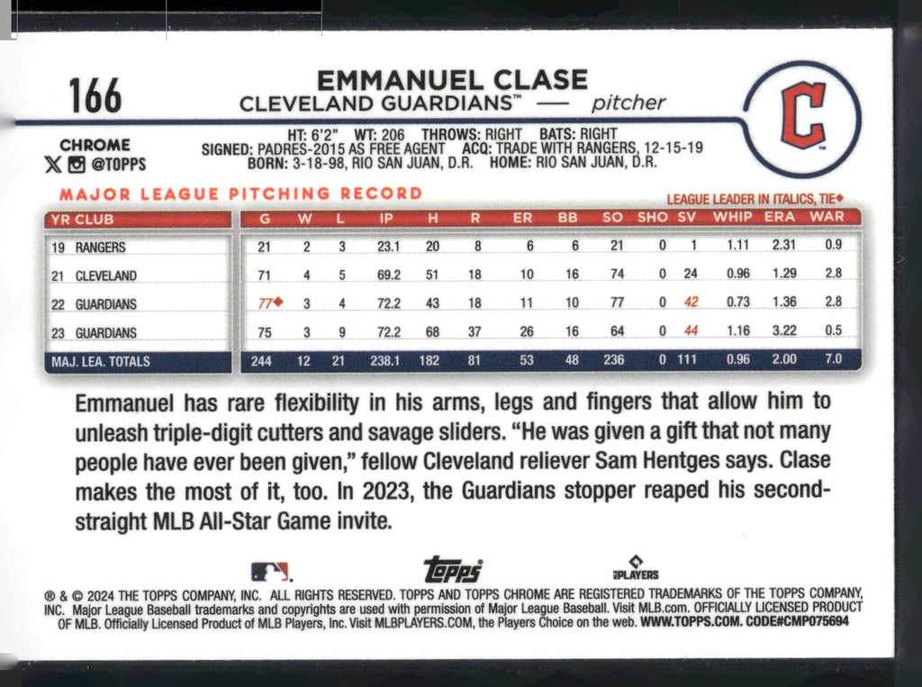 2024 Topps Chrome #166 Emmanuel Clase Raywave Refractors