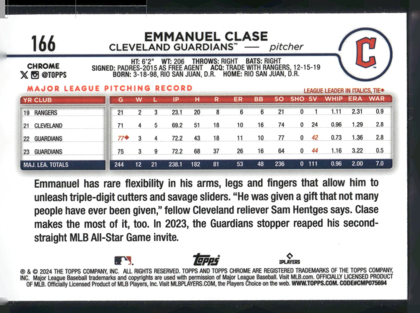 2024 Topps Chrome #166 Emmanuel Clase Raywave Refractors