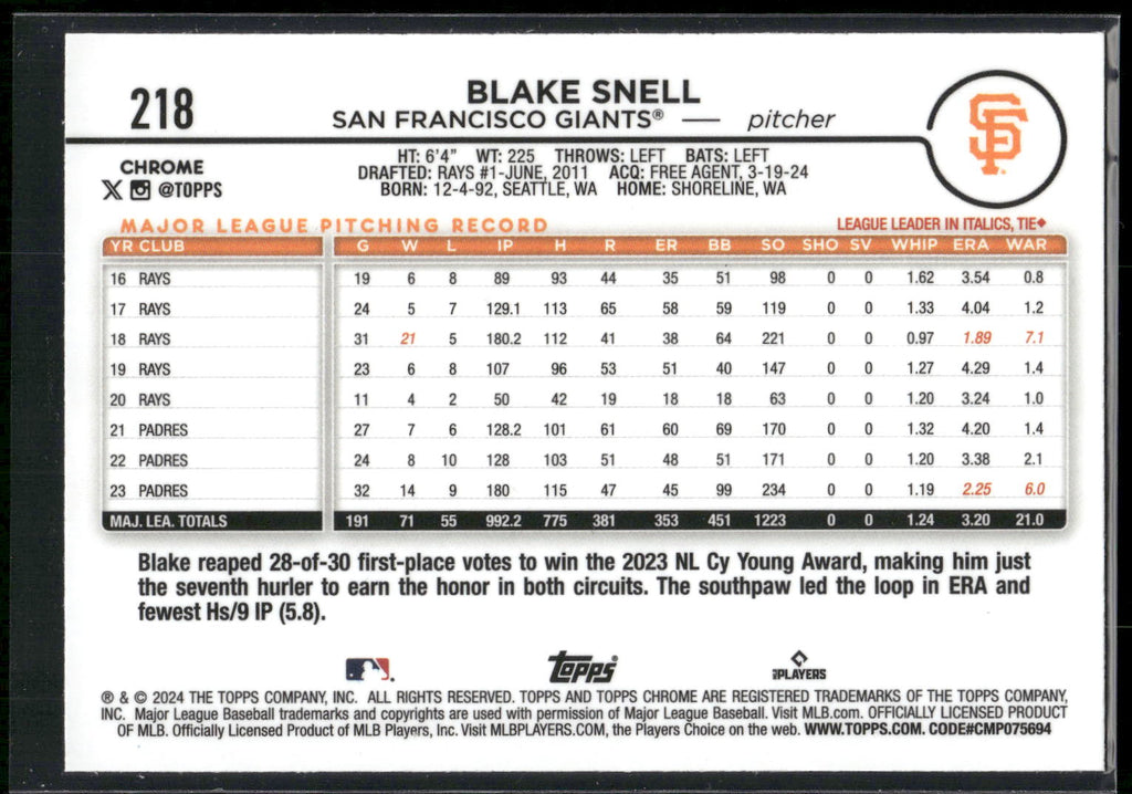 2024 Topps Chrome #218 Blake Snell Pink Refractors